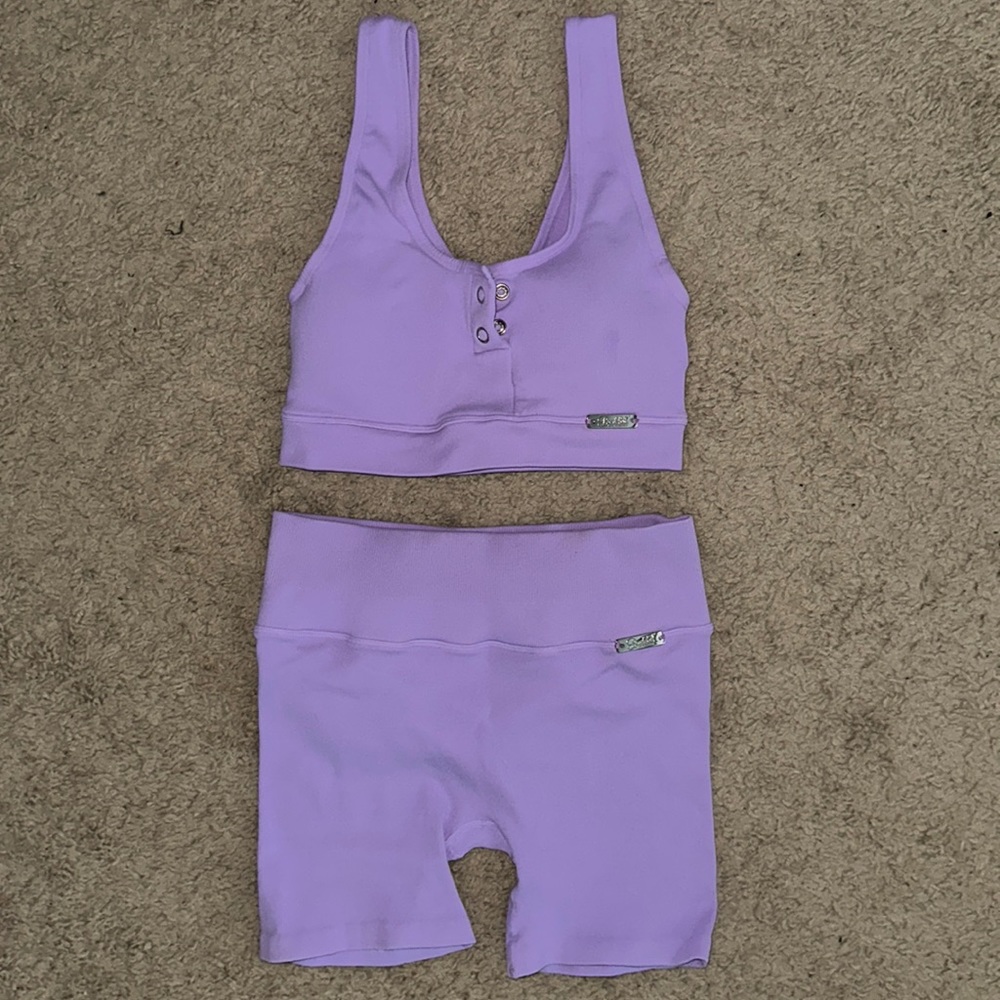 Bombshell Sportswear Medium purple seamless sports bra and shorts